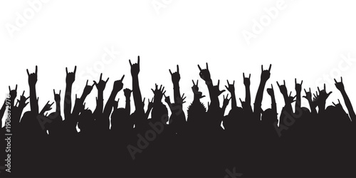 Silhouette of a crowd with hands raised in the air, celebrating at a concert or festival.