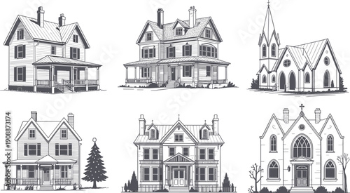 Victorian and Gothic architectural houses and churches illustration, ornate gables, steeples, chimneys, porches, dormer windows, detailed design