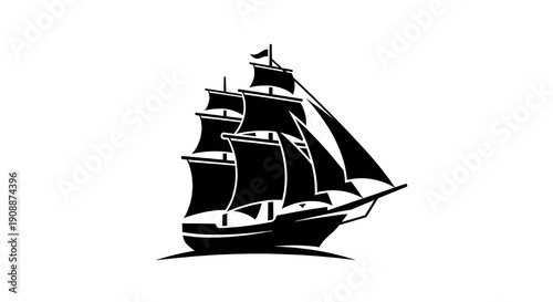 Minimalist black silhouette of a classic sailing ship with full sails. Clean nautical logo design isolated on white background.