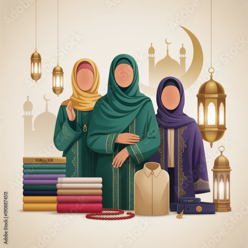 Luxury Ramadan Lifestyle Vector with Elegant Islamic Symbols and Modest Fashion
