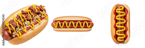  Collection of delicious grilled hot dogs with mustard and toppings isolated on white background