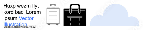 Travel planning, business mobility, remote work, cloud storage, minimal design, visualization. A suitcase, briefcase and cloud icon. Travel planning and business mobility
