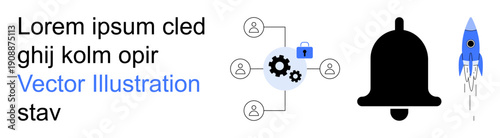 Business automation, notifications, startup growth, data protection, technology, collaboration. network diagram, bell icon and rocket. Business automation and notifications