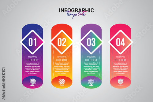 Numbered vertical infographic ribbons with diamond shapes and world globe icons