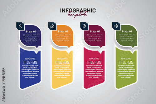 Four vertical business process banners with speech bubble steps and icons