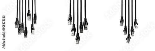 Bunch of black ethernet network cables with RJ45 connectors isolated on white background