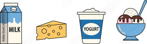 Dairy food icon set with milk, cheese, yogurt and ice cream isolated on white