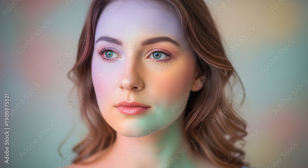 Fototapeta premium Close up portrait of a beautiful girl with colorful pastel light patterns reflecting on her skin against a blurred background