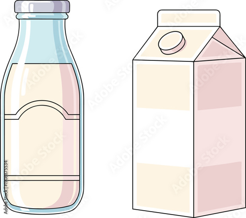 Milk packaging illustration set, glass bottle and carton box, minimal flat design, dairy product containers isolated on white background