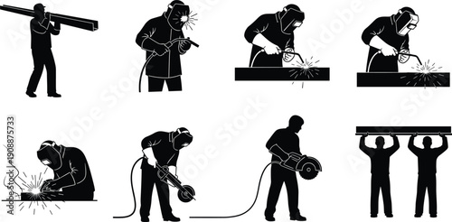 Black and white industrial workers silhouette illustration set showing welding, cutting, grinding, carrying steel beams, teamwork, construction labor, and metal fabrication safety concept