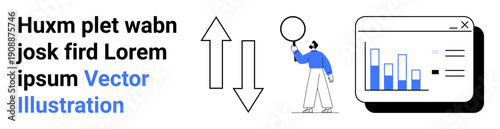 Person observing upward and downward arrows alongside a bar chart dashboard. Ideal for analytics, performance tracking, decision-making, business growth, trends, data visualization, and simple
