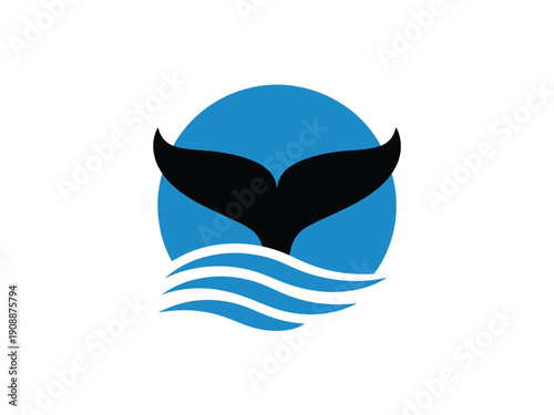 A stylized whale tail emerges from ocean waves against a blue circle background.