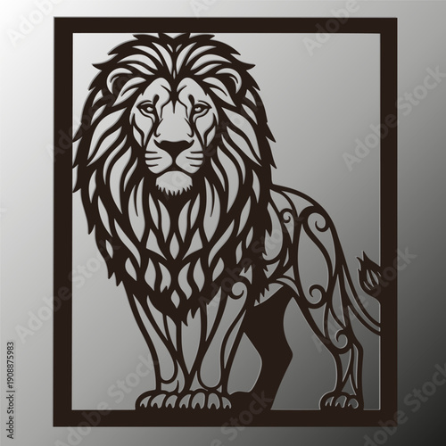 Majestic lion with ornate details for laser cut design. Standing proud animal, wild predator. Royal mascot. Vector illustration