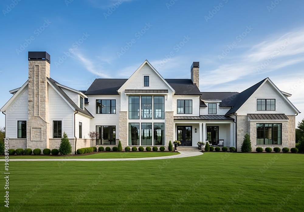 Fototapeta premium Expansive modern luxury home with manicured lawn and clear blue sky on a sunny day