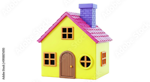 Cartoon Yellow House with Pink Roof and Purple Chimney