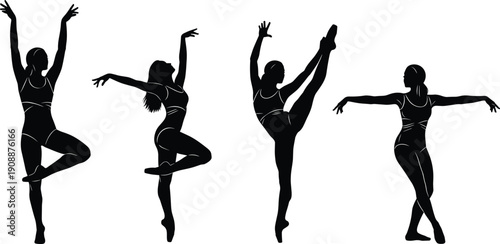 Black and white ballet dancer silhouette illustration set showing graceful female poses, flexibility, balance, elegance, fitness training, and artistic modern dance performance concept
