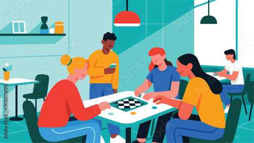 Illustration Of A Group Of Young People Playing Traditional Games In A Cafe