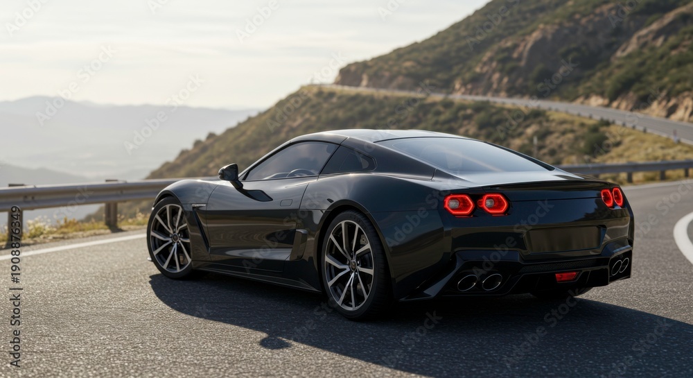 Fototapeta premium Sleek black sports car ascends winding mountain road, showcasing automotive design and performance