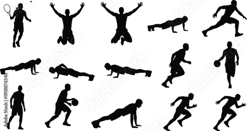 Black and white silhouette collection of athletes performing fitness exercises, jumping, running, push-ups, and ball sports, representing active lifestyle, training, strength, and endurance concept