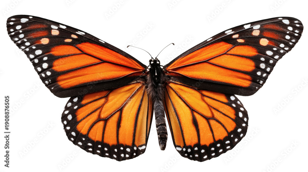 Fototapeta premium Monarch butterfly flying pose, isolated on a white background