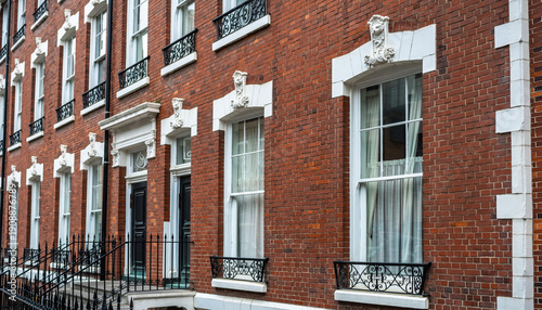 Classic Victorian red brick building facade with white window frames and black iron railings. Elegant European urban architecture with crisp details in neutral daylight.