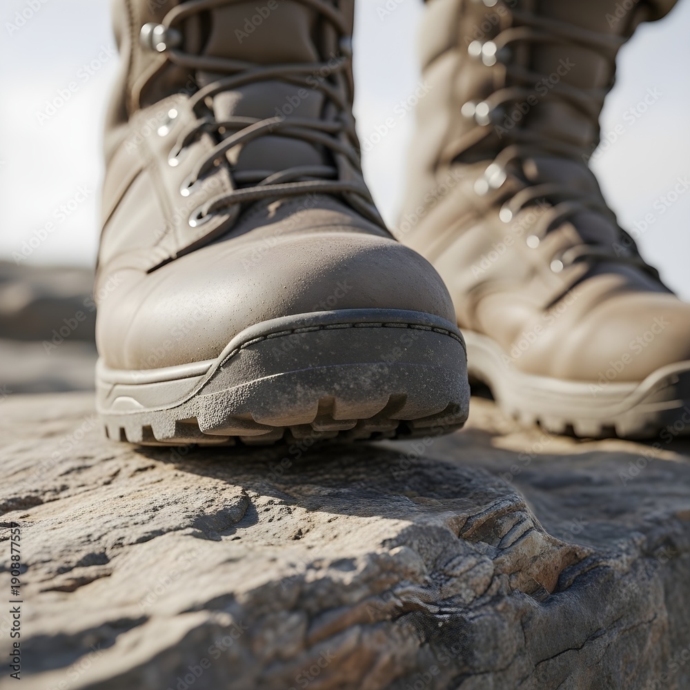 Naklejka premium Detailed Combat Boots Walking on Rough Terrain