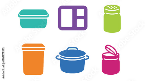 Kitchen utensil icons including colorful containers and cookware