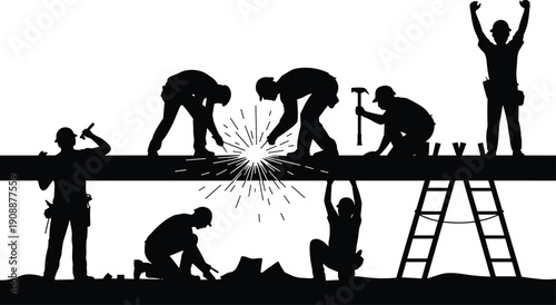 Construction workers silhouette vector illustration, building teamwork with welding and tools, industrial labor scene isolated white background