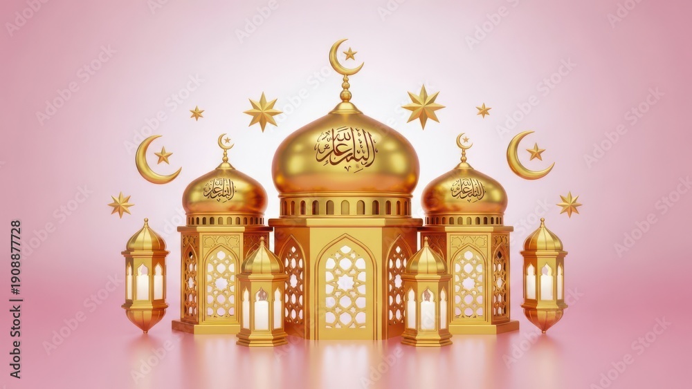 Obraz premium Golden mosque with islamic symbols isolated on transparent background