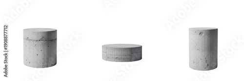 Set of three grey concrete cylinder pedestals isolated on white background, minimalist cement podium mockup for product presentation.