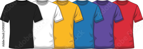 Colorful t shirt vector mockup set, front view basic tee collection, apparel template illustration isolated white background fashion design