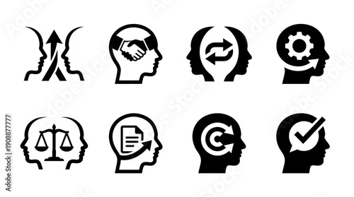 Icons representing collaboration, learning, and decision-making in business and technology