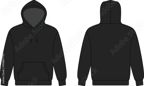 Black hoodie front back view vector mockup, unisex sweatshirt apparel template, streetwear fashion clothing design, isolated flat illustration