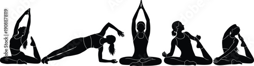 Black and white silhouette illustration of women practicing yoga poses, stretching and meditation exercises, representing healthy lifestyle, fitness, mindfulness, and wellness concept