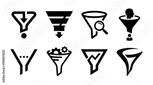 Set of Funnel Icons representing data filtering, sales funnels, and search processes