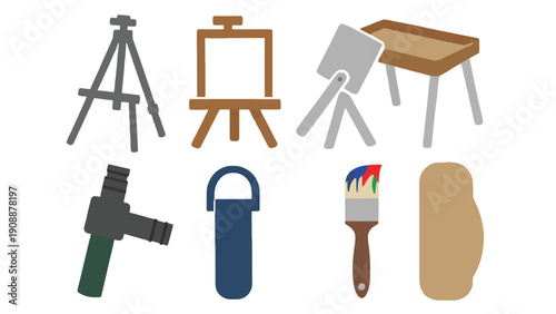 Camera and art supplies vector illustration on white background