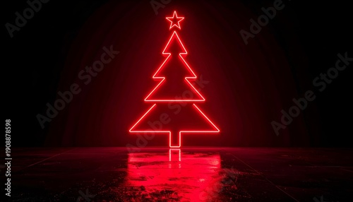 Red neon Christmas tree glows on wet floor