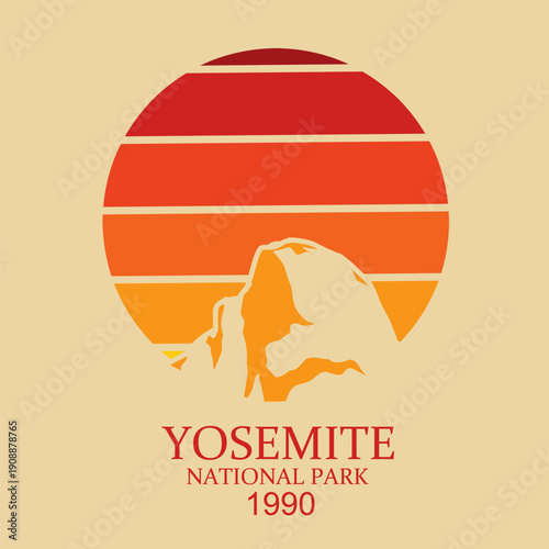 Schilderij op canvas Yosemite Silhouette Rock in Sunset Scenery Perfect for Badge, Apparel, etc