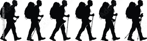 Black and white silhouette sequence of backpacker hiking with trekking poles and large backpack, showing walking motion, outdoor endurance, mountain adventure, and travel exploration lifestyle concept