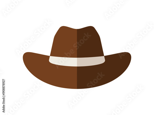 A brown cowboy hat with a white band sits isolated on a white background.