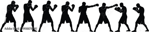 Black and white silhouette sequence of boxer performing punching and defensive moves, showing boxing training routine, fighting technique, strength, endurance, and professional sports concept