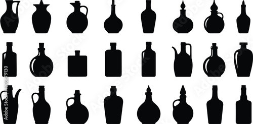 Antique Bottle Silhouettes Collection with Vintage Glass and Ceramic Containers, Retro Liquor and Oil Flasks Black and White Vector Set