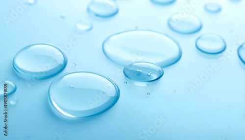 Clear liquid droplets shimmering on a pale blue surface