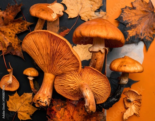 Vibrant orange mushrooms with autumn leaves on dark, orange backgrounds