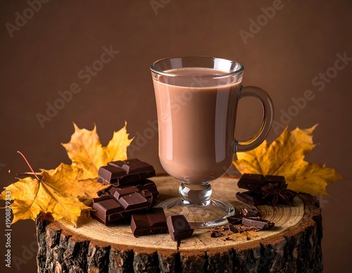 Cozy hot cocoa with chocolate pieces and autumn leaves