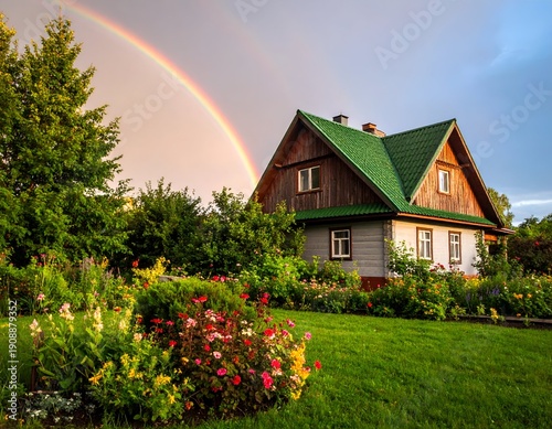 Rural home nestled amidst vibrant gardens under a double rainbow