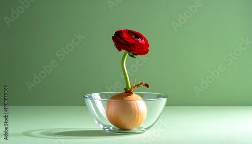 Single red bloom emerges from onion in glass bowl