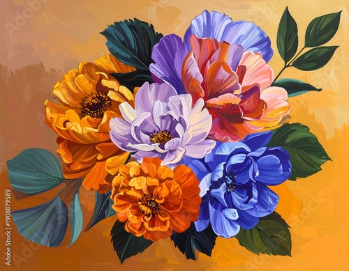 Vibrant bouquet of mixed flowers with textured brushstrokes