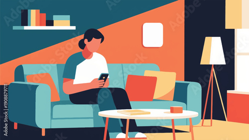 Illustration Of A Woman Sitting While Playing On Her Cell Phone In The Living Room Vector Design Template