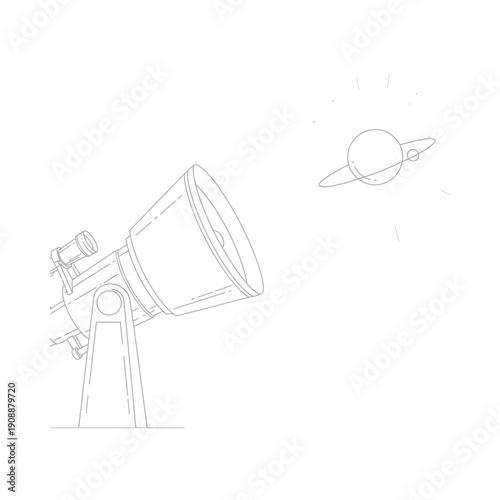 Telescope on a stand pointing at a planet in space with rings astronomy and stargazing concept